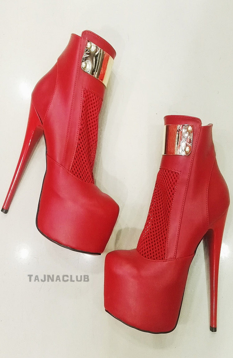 Side Zipper Boots Red Platform  High Heel Shoes - Tajna Club