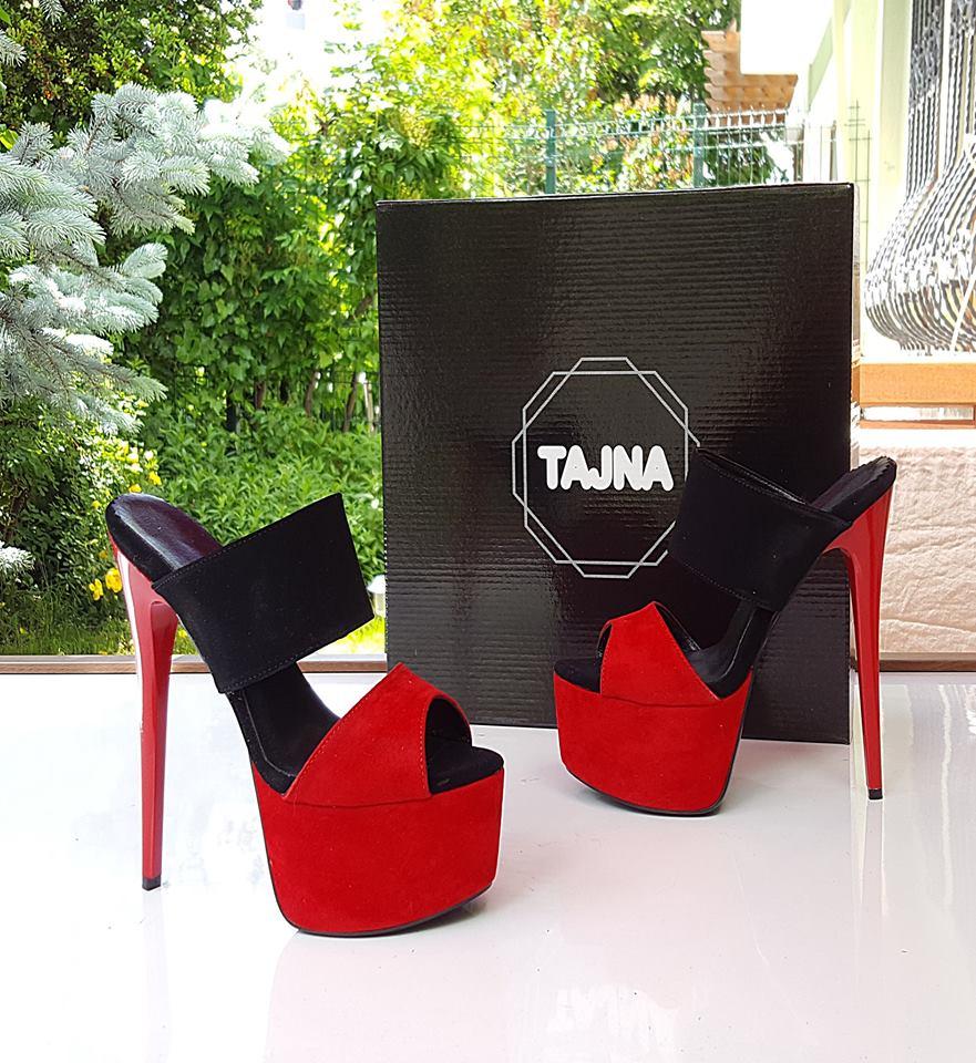 Red Black Suede Peep Toe High Heel Platform Mules - Tajna Club