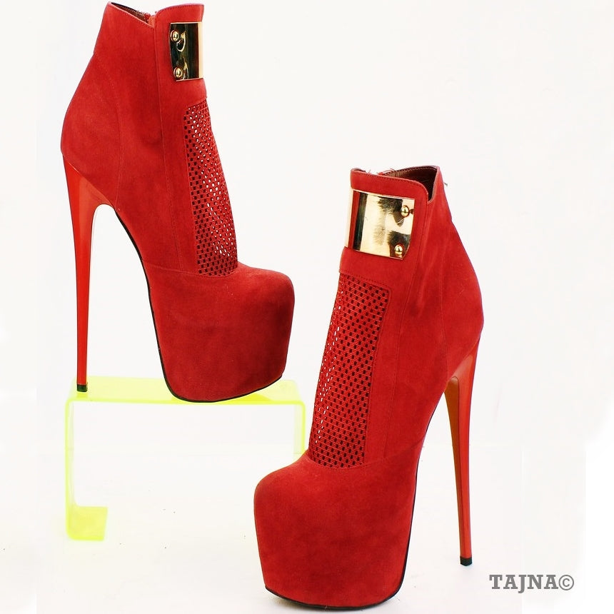 Ankle Red Faux Suede Fishnet High Platform Booties - Tajna Club