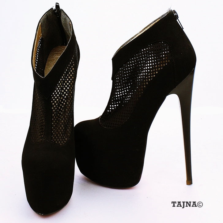 Black Faux Suede Fishnet High Platform Shoes - Tajna Club