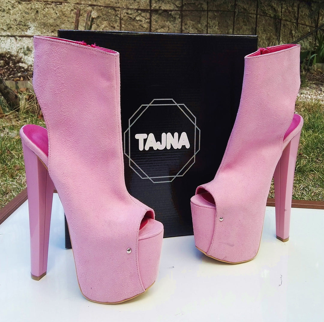 Pink Faux Suede Peep Toe 19 cm Heel Booties - Tajna Club