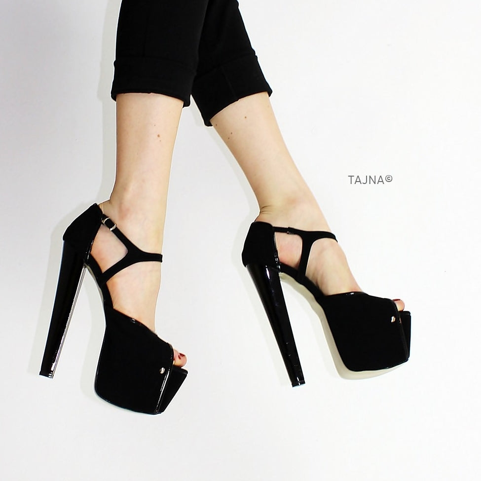 Black Suede V Ankle Platform Heels - Tajna Club
