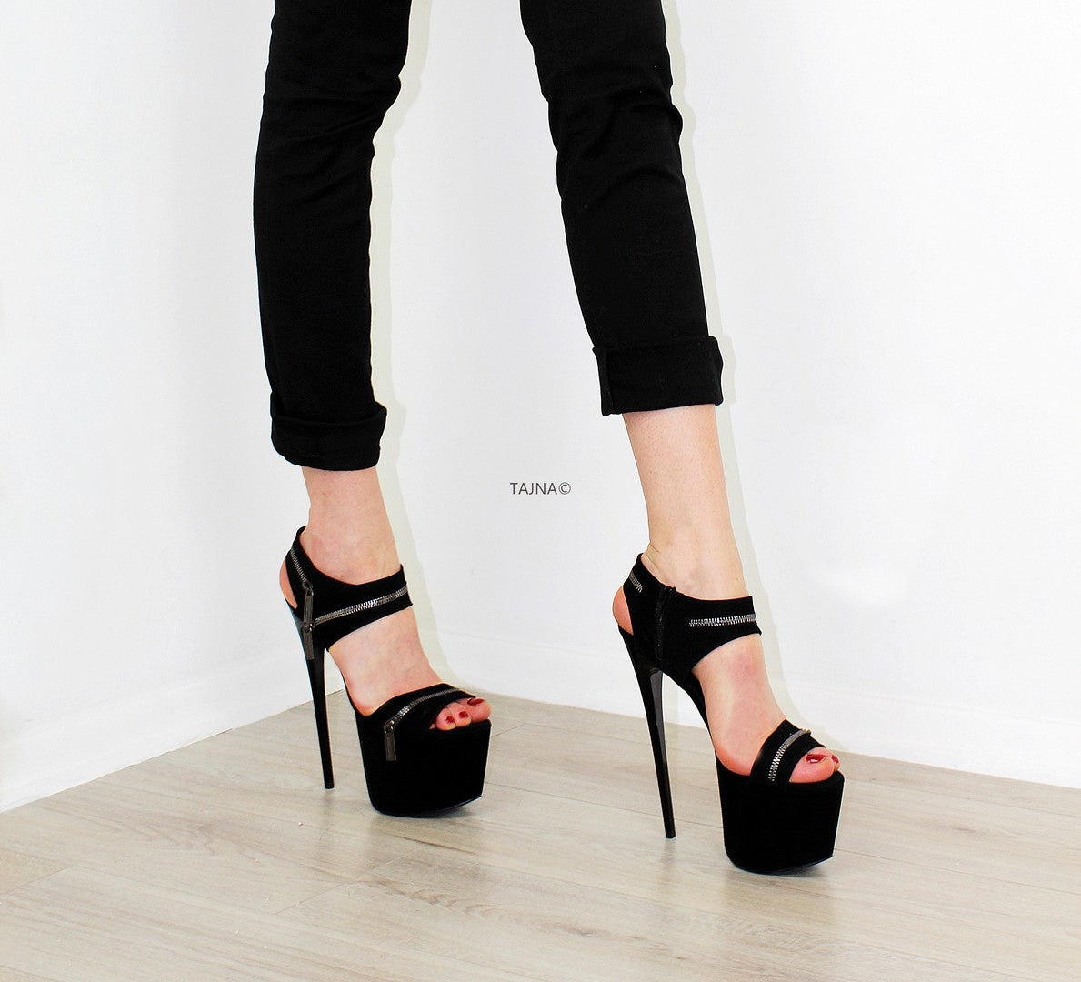 Suede Zipper Ankle Black Platform Heels