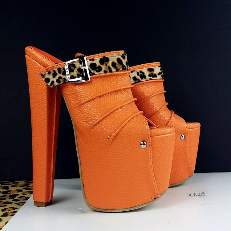 Orange Leopard Detail Platform Mules - Tajna Club