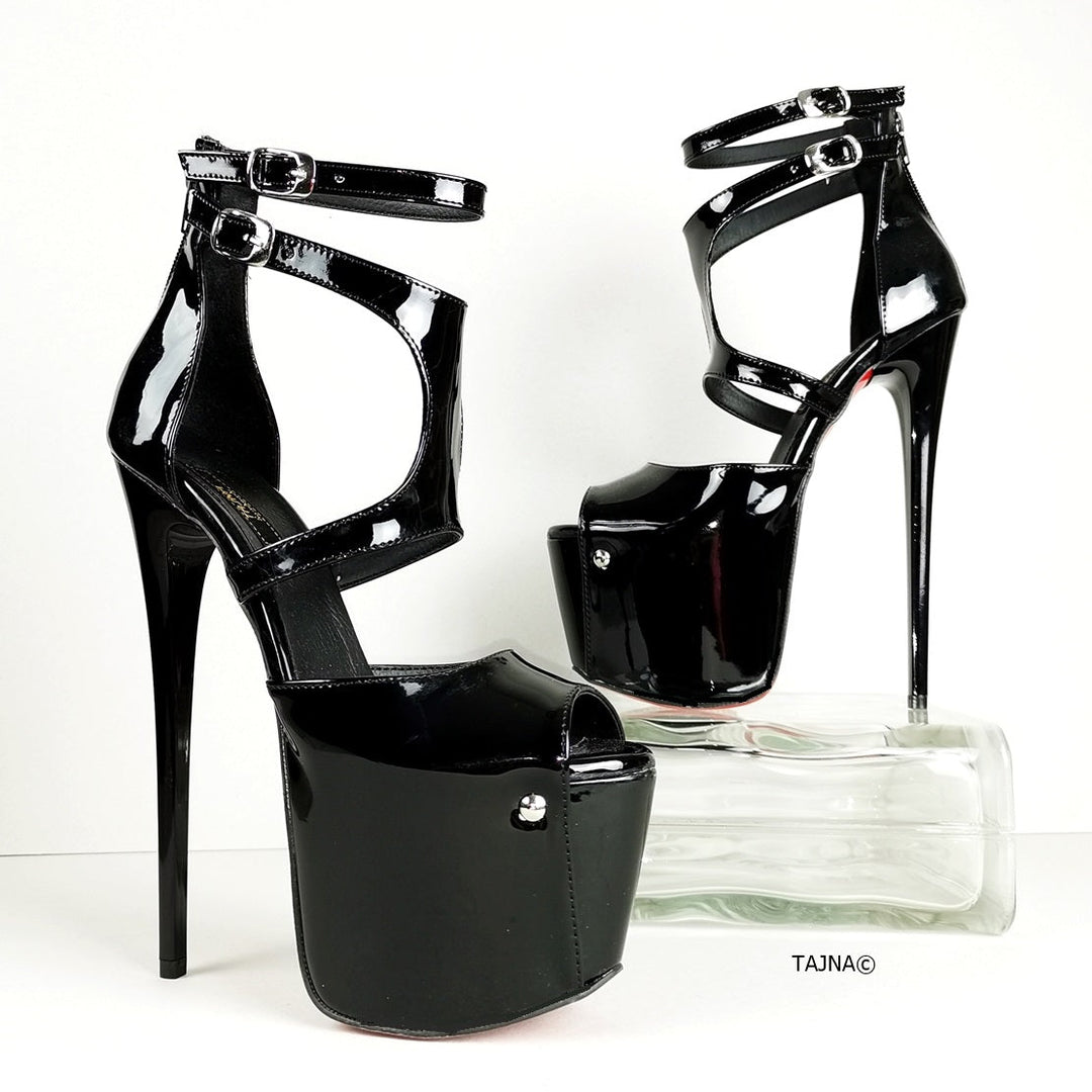 Black Patent Double Belted Ankle Heels - Tajna Club