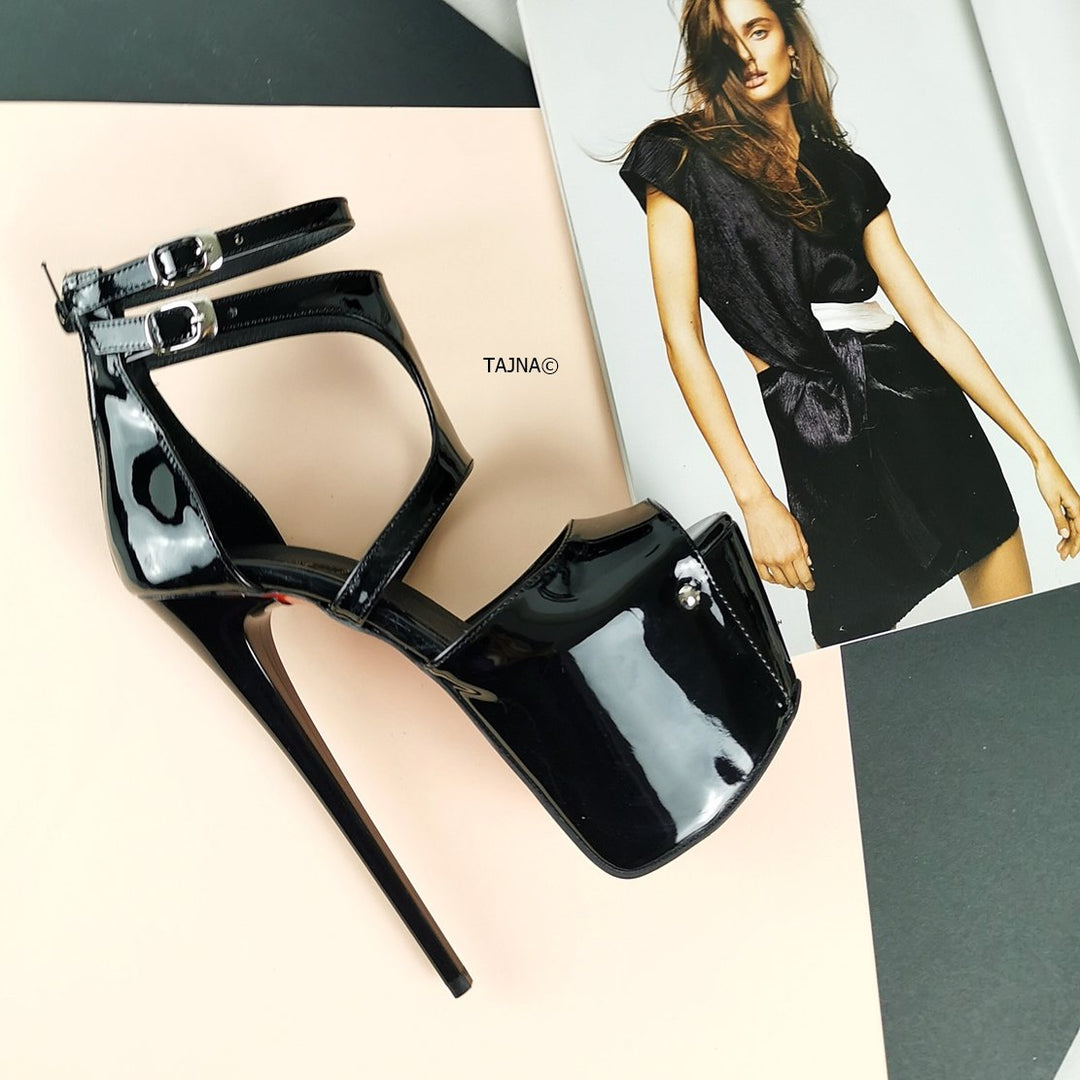 Black Patent Double Belted Ankle Heels - Tajna Club