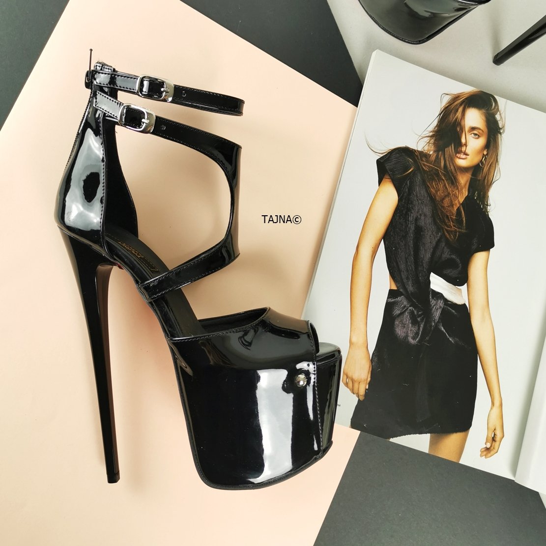 Black Patent Double Belted Ankle Heels - Tajna Club