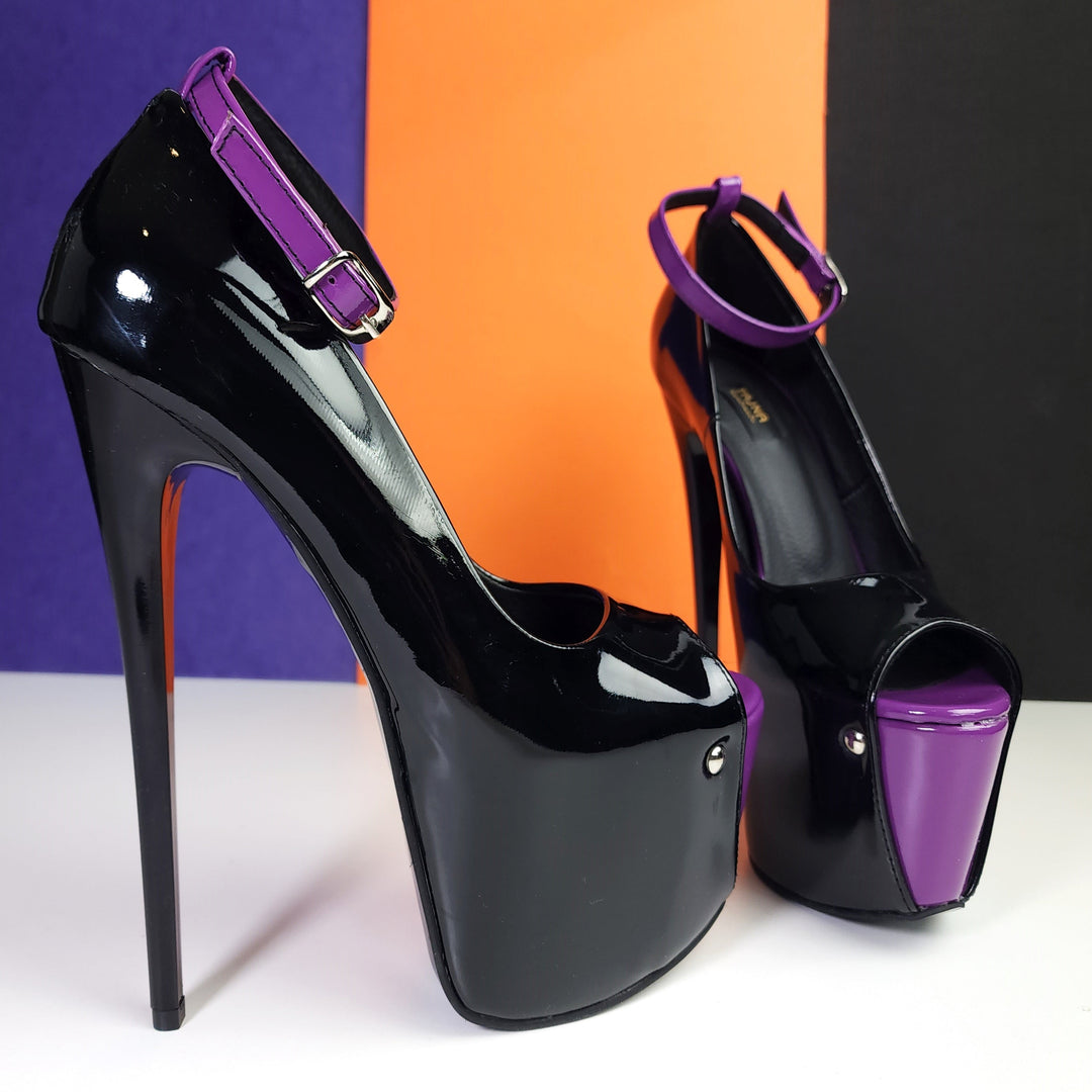 Purple Black Gloss Ankle Strap Peep Toe High Heels Tajna club Shoes Halloween