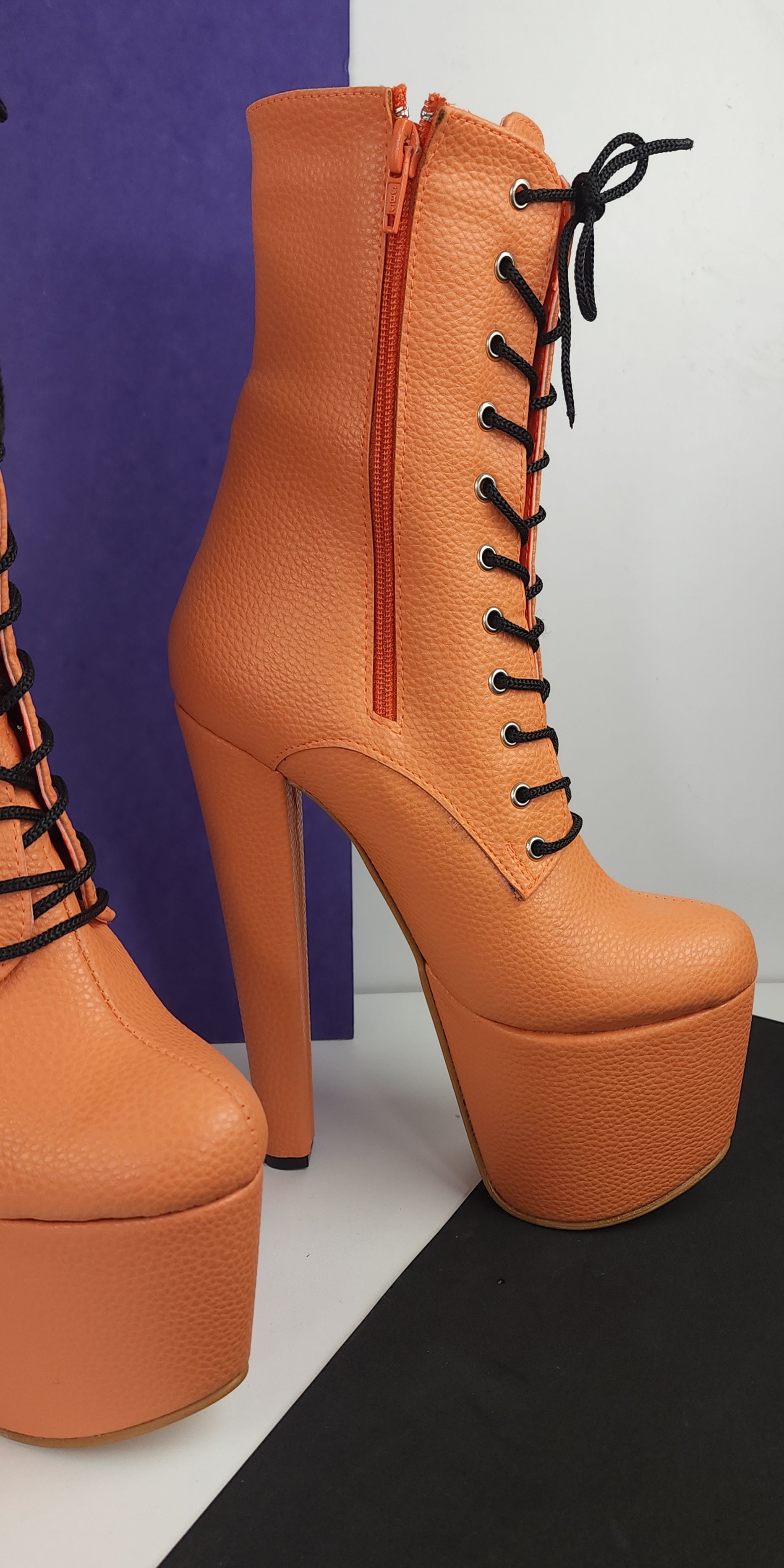 Orange Matte Lace Up Chunky Heel Boots Tajna Shoes Tajna Club
