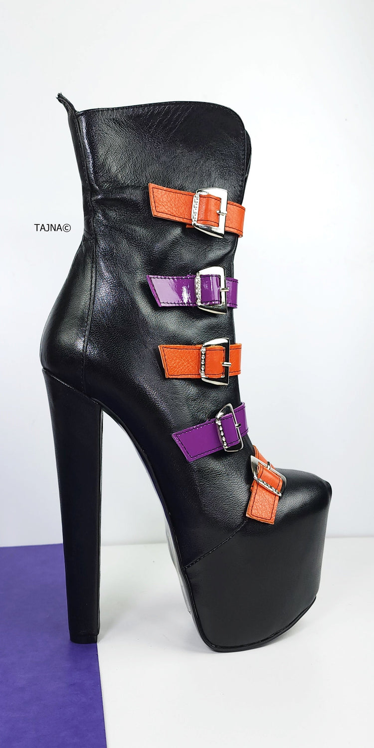 Black Genuine Leather Multi Belted Chunky Heel Boots Tajna Club Halloween