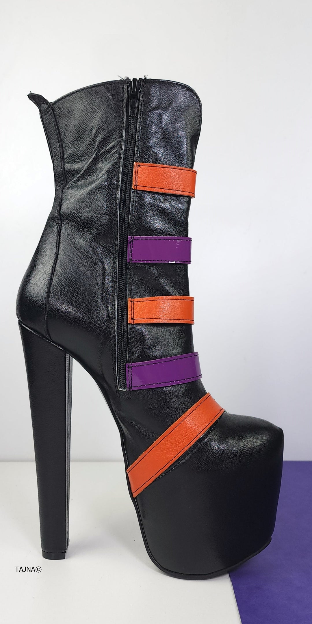 Black Genuine Leather Multi Belted Chunky Heel Boots Tajna Club Halloween