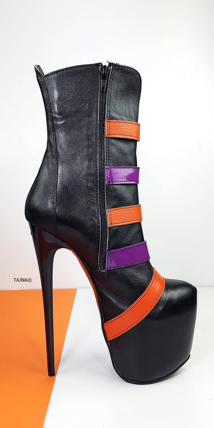 Black Genuine Leather Multi Colour Belted  Boots Tajna club Halloween