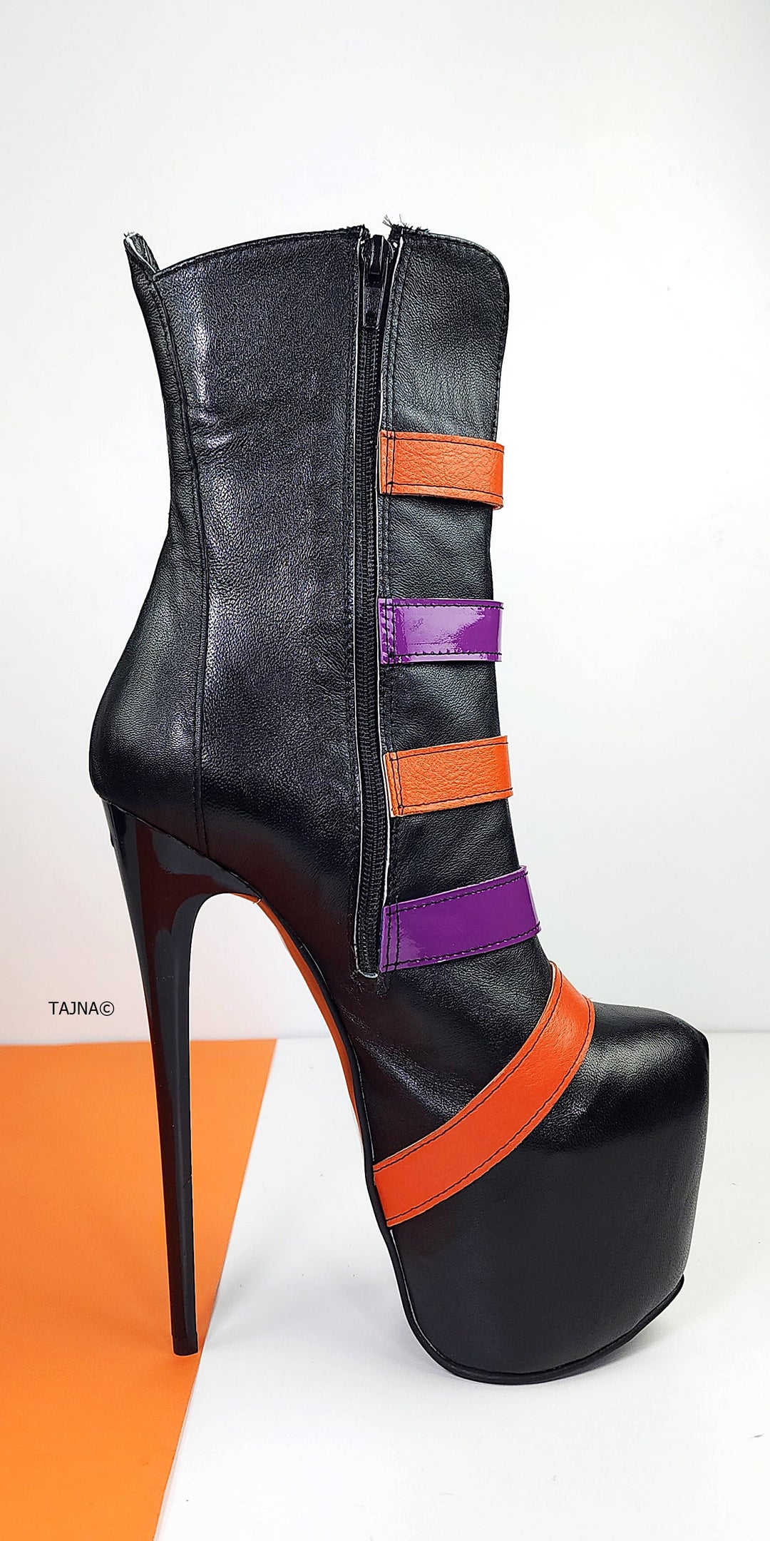 Black Genuine Leather Multi Colour Belted  Boots