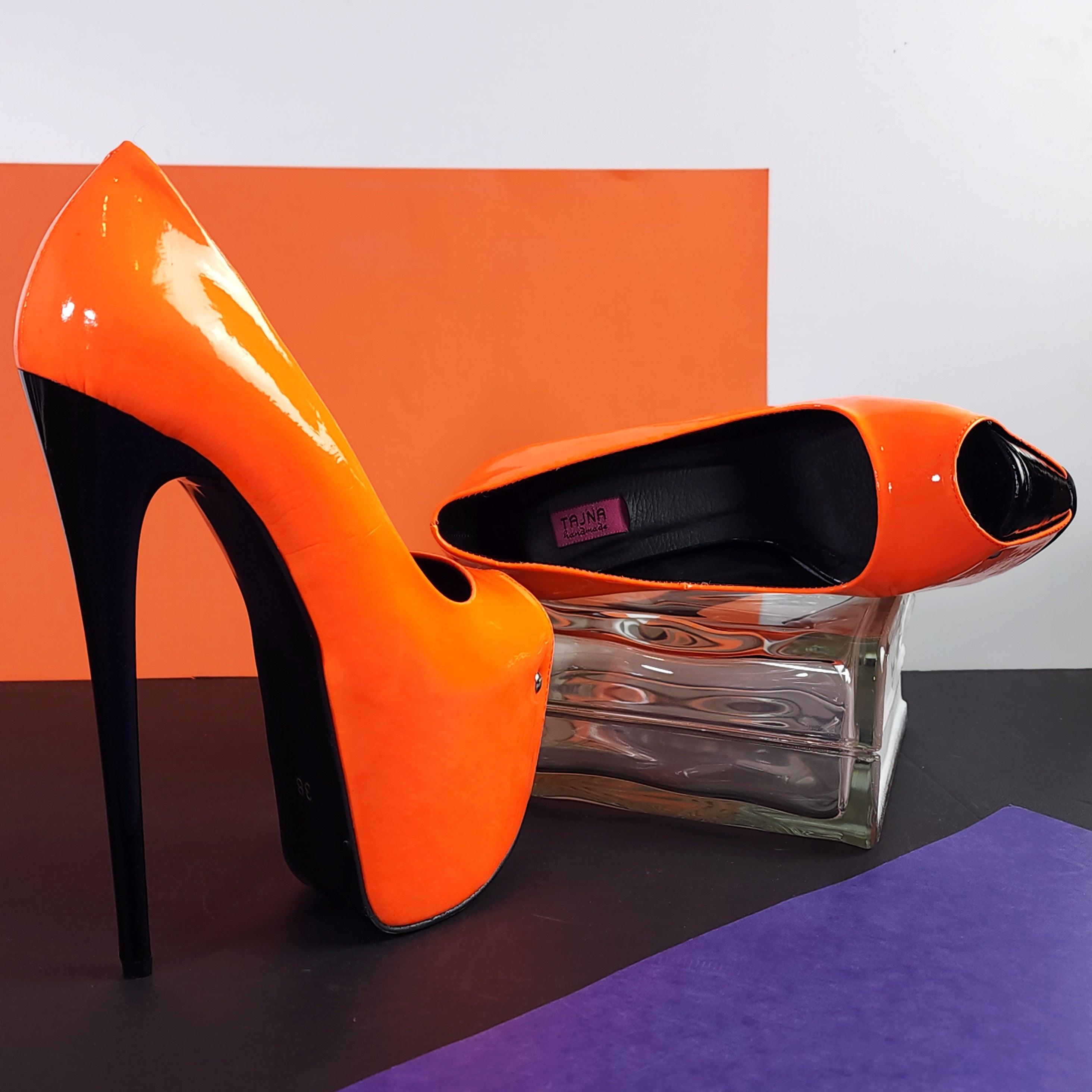 Orange Neon Gloss Black Detail High Heels Tajna Shoes Tajna Club