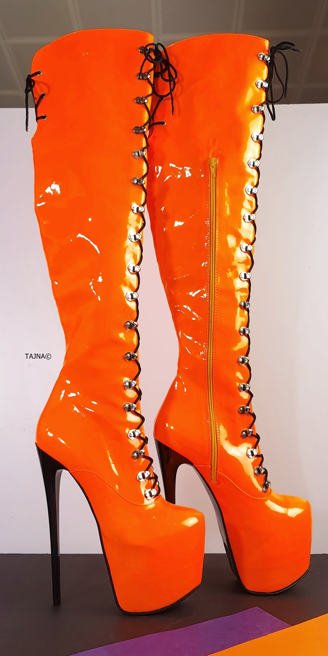 Orange Neon Gloss Military Style High Heel Boots Tajna Club Halloween