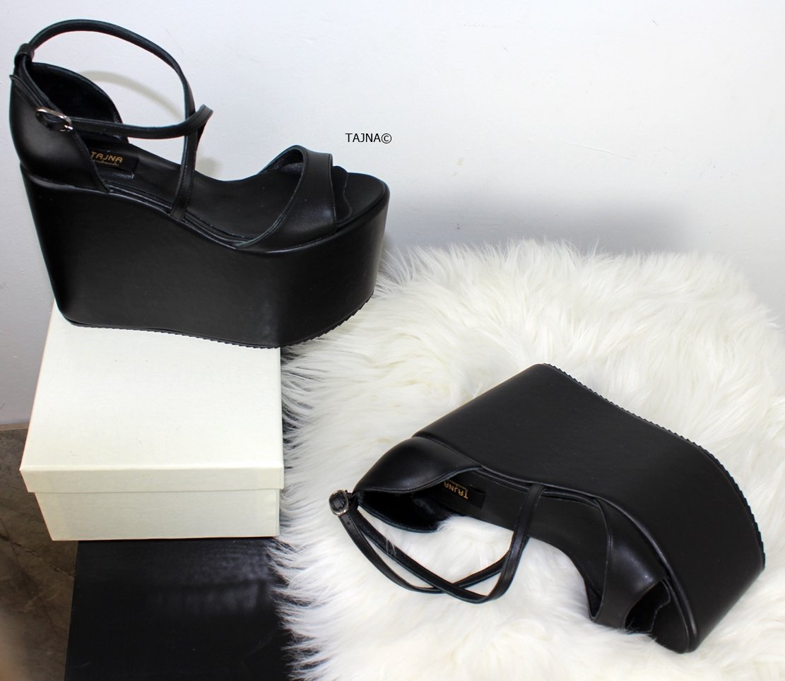 Black Flat form Ankle Strap Wedges Tajna Shoes Tajna Club