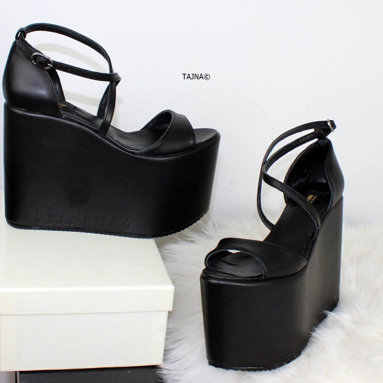 Black Flat-form Ankle Strap Wedges - Tajna Club