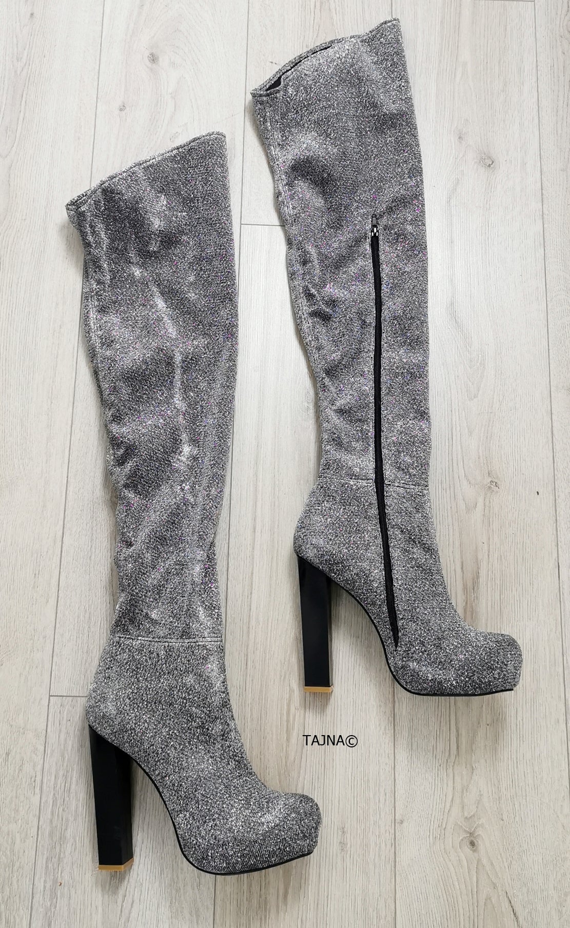 Silver Shiny Strech Knee High Boots - Tajna Club