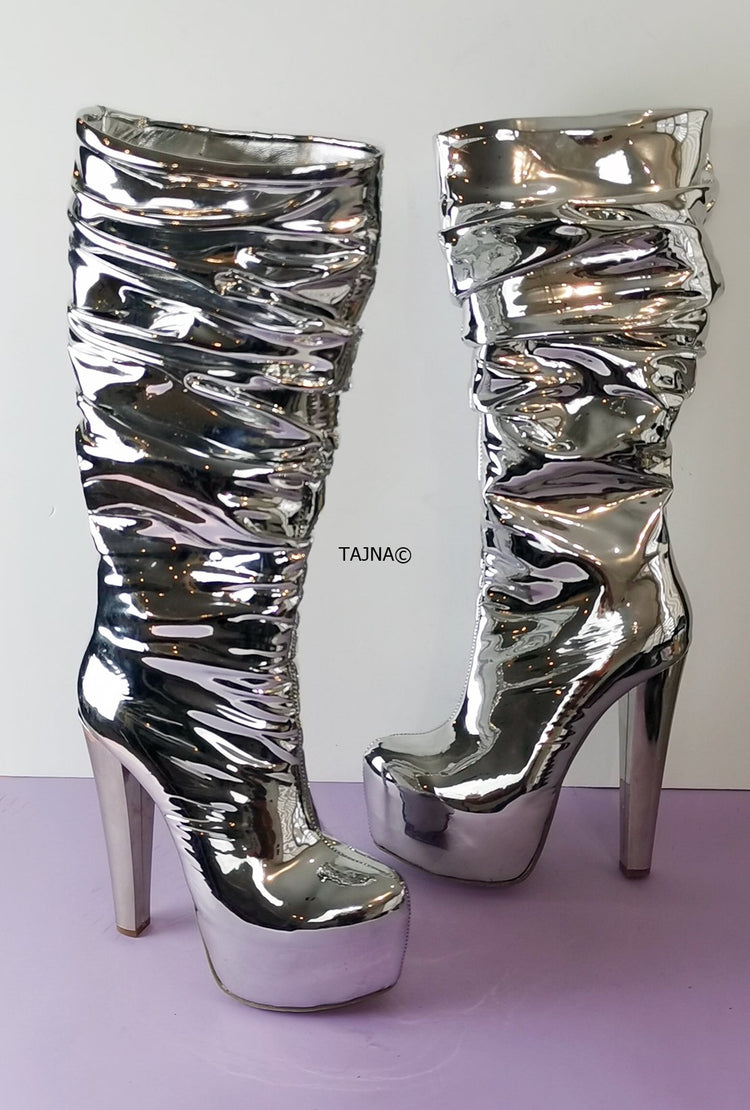 Silver Mirror Mid Calf Chunky Heel Boots - Tajna Club
