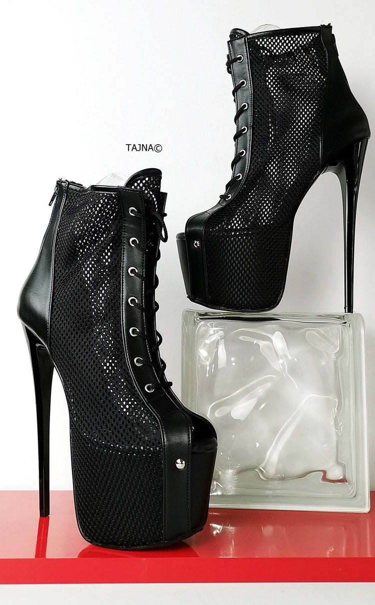 Fishnet Black Lace Up Ankle Heels - Tajna Club