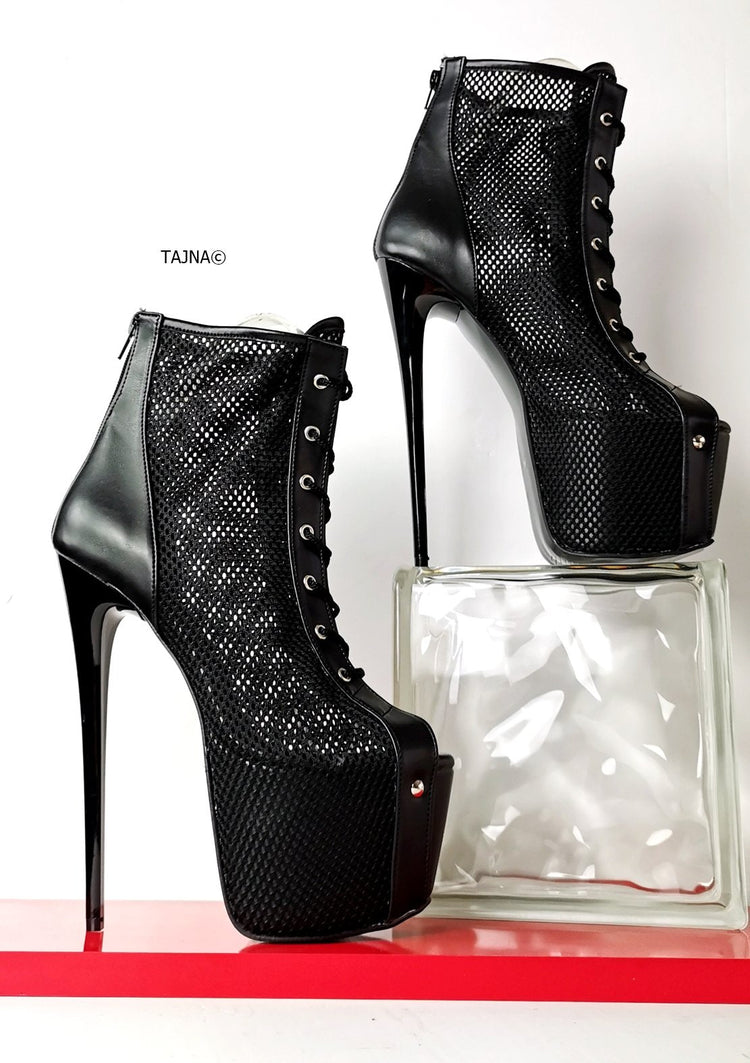 Fishnet Black Lace Up Ankle Heels - Tajna Club