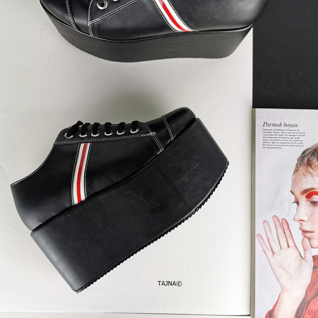 Black Lace Up Flat Wedge Shoes - Tajna Club