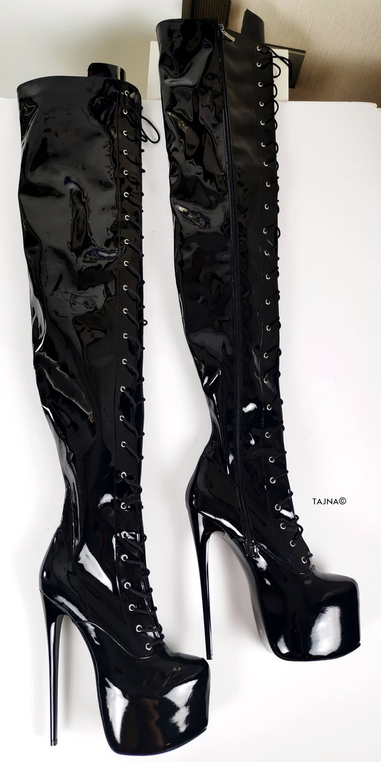 Black Glossy Lace Up Thigh High Boots - Tajna Club