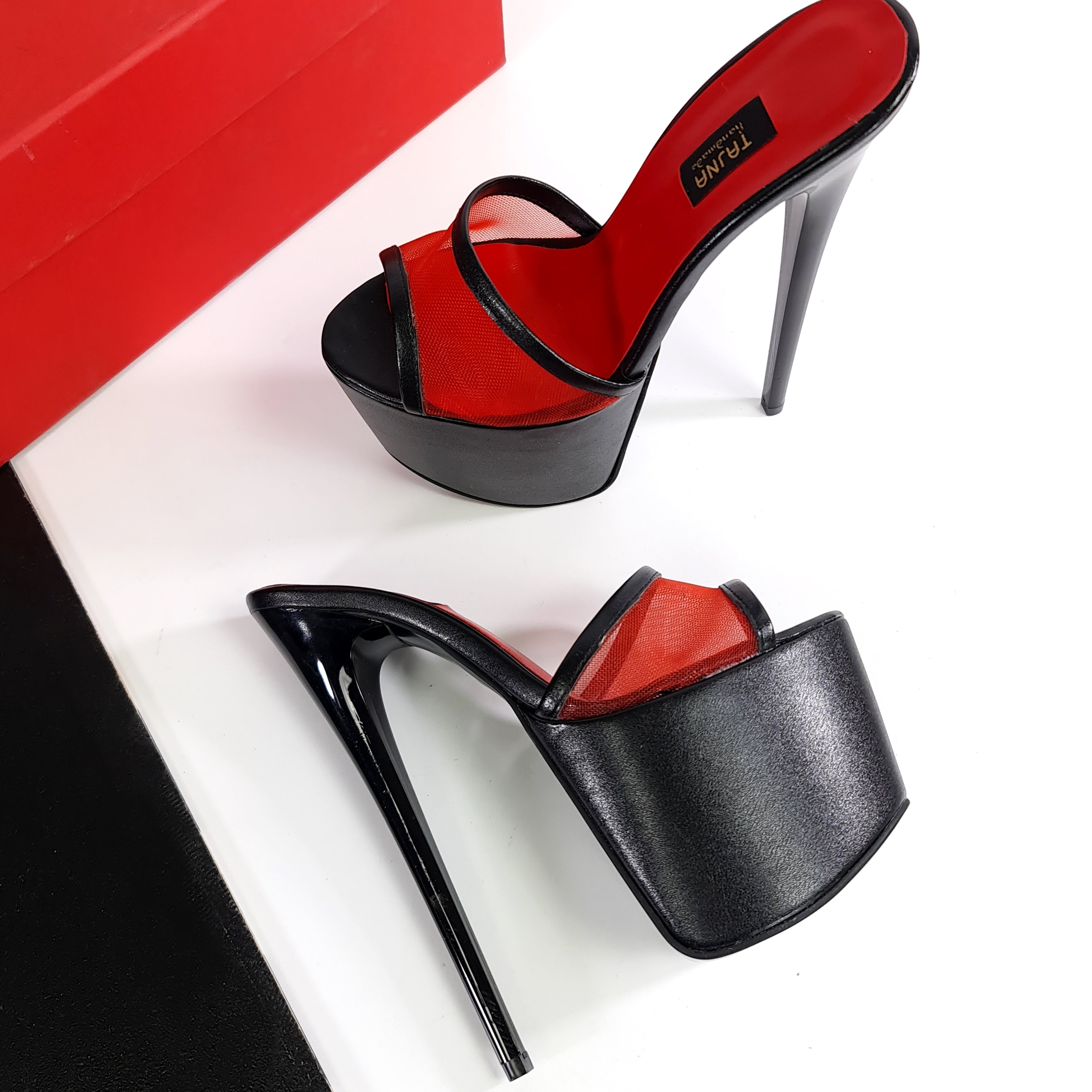 Red Transparent Detail Black High Heel Mules | Tajna Shoes – Tajna
