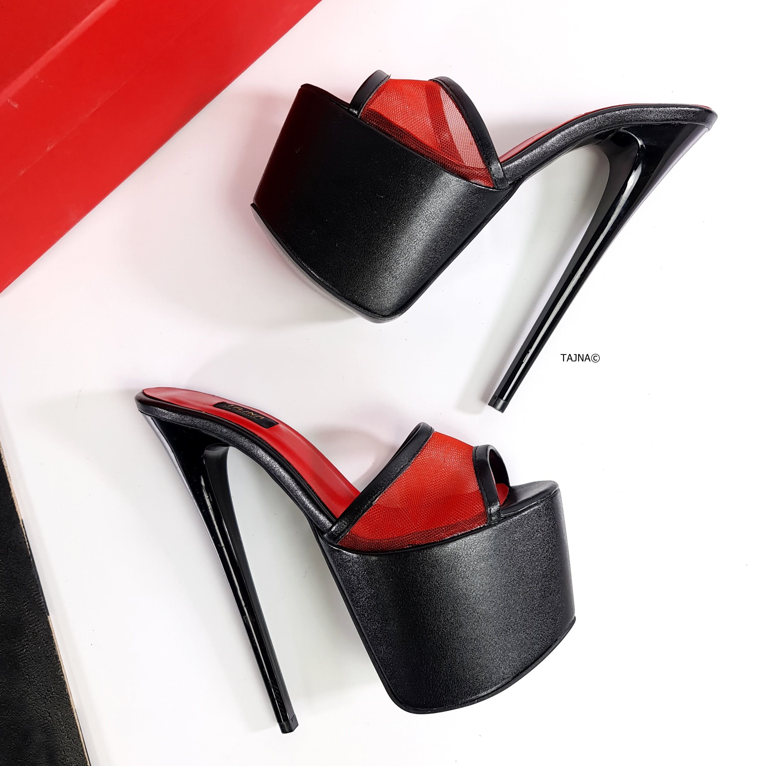 Red Transparent Detail Black High Heel Mules Tajna Club
