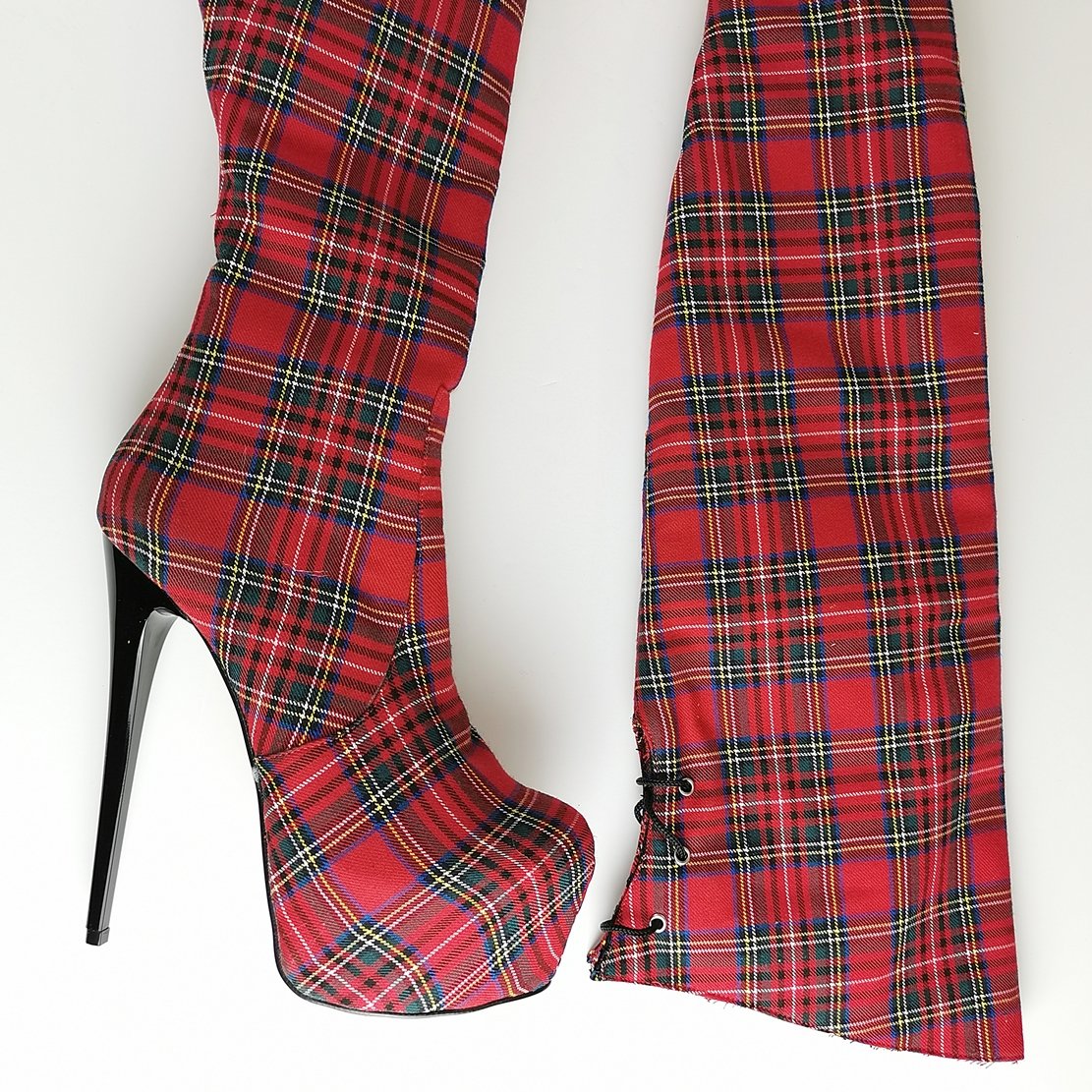 Checkered thigh top high boots