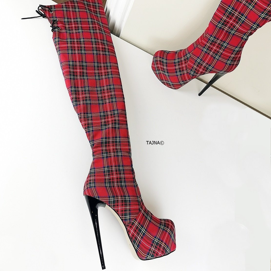 Checkered thigh high top boots
