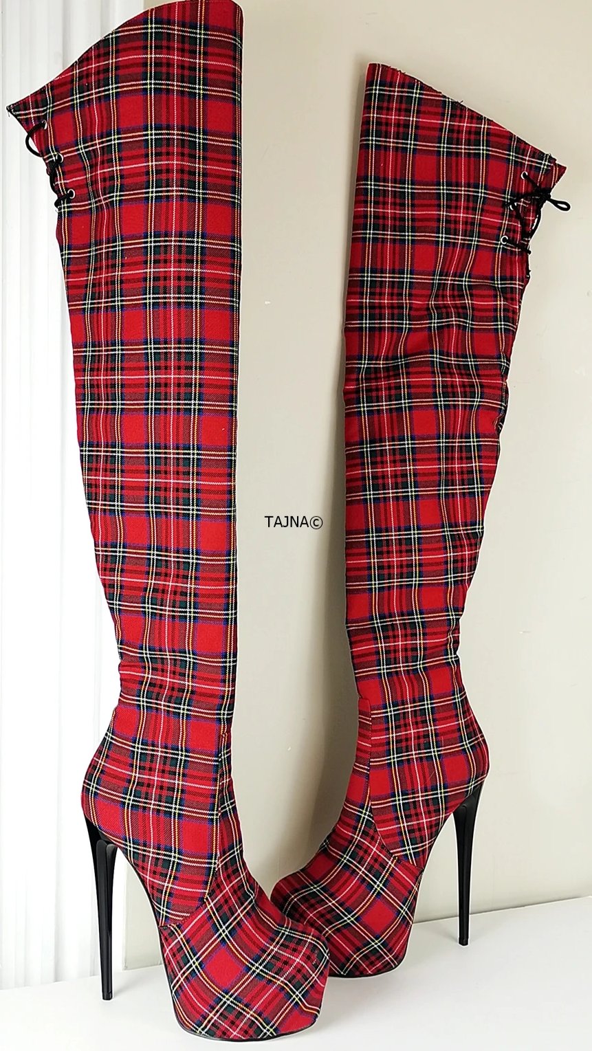Plaid high outlet heel boots