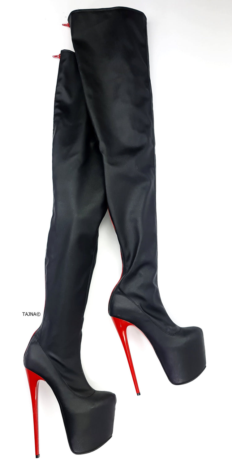 Black Red Full Zip High Heel Thigh Boots