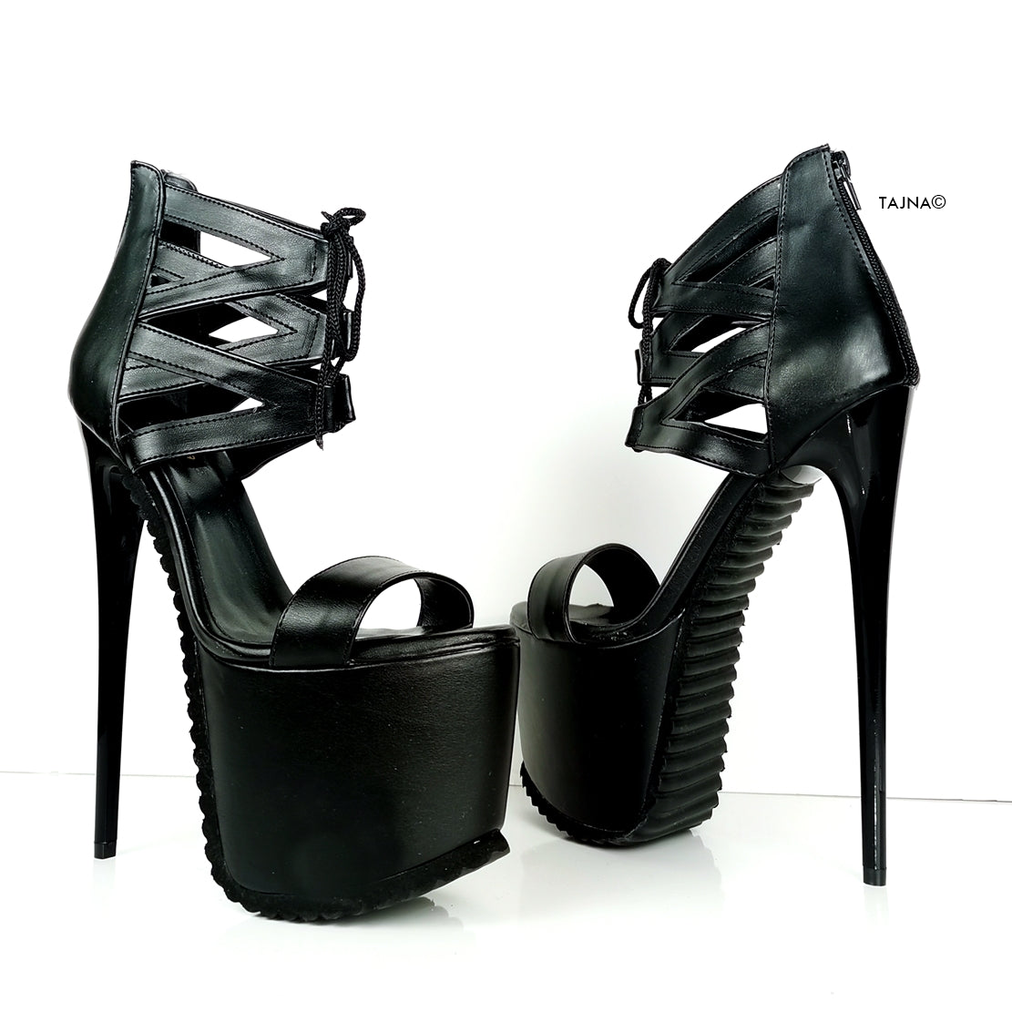 Serrated Sole Black Lace Up Ankle Sandals - Tajna Club