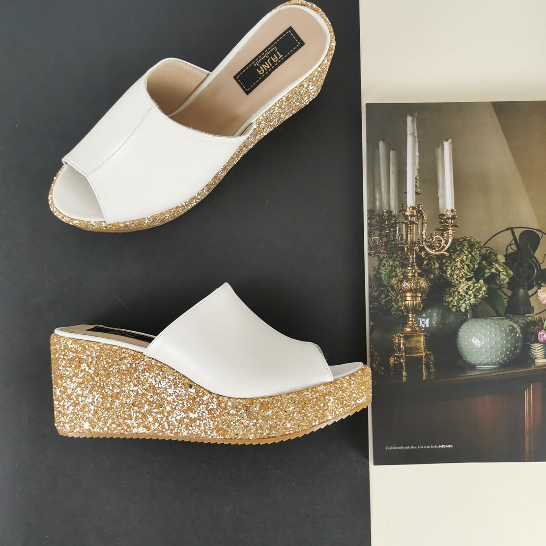 Gold wedge fashion mules