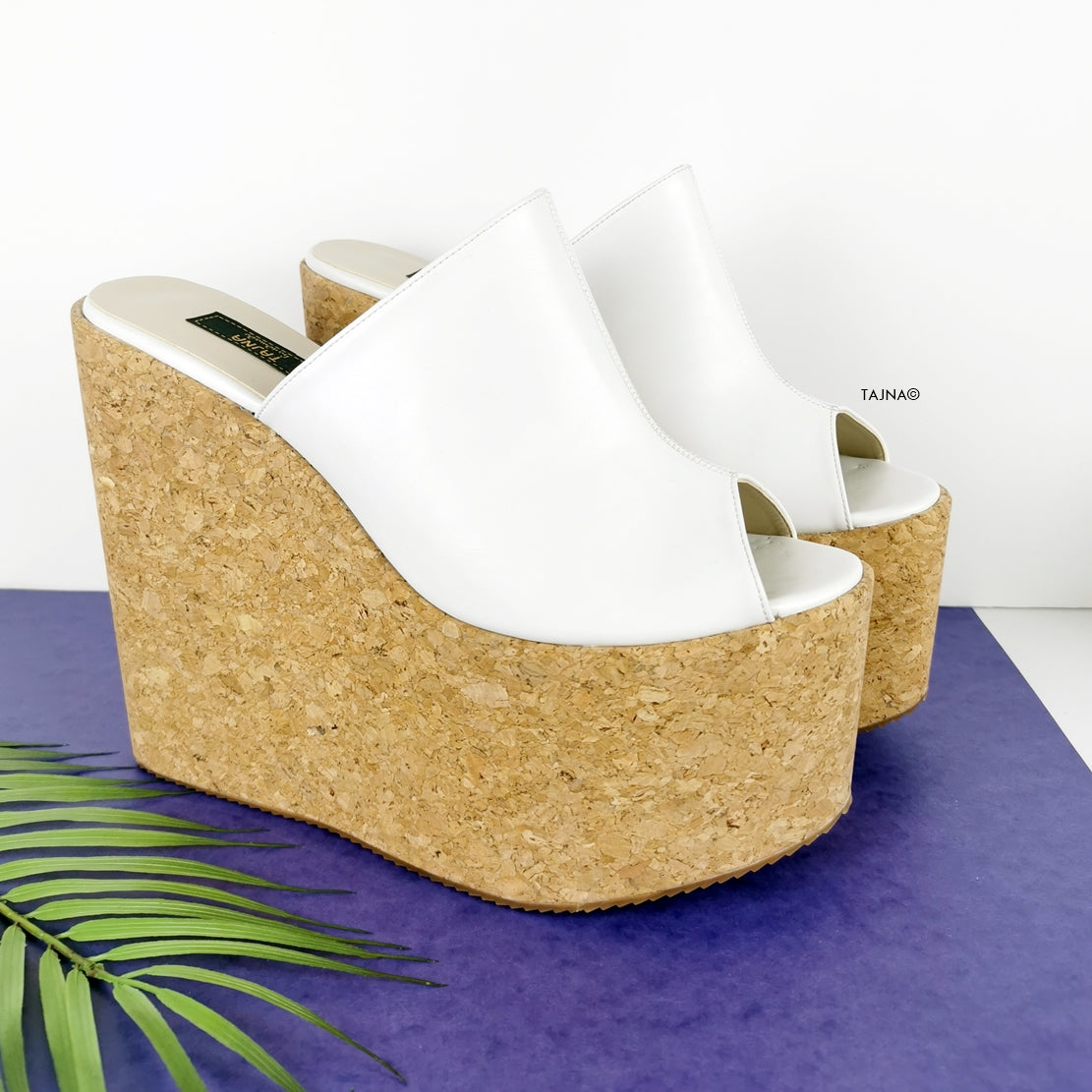 White Peep Toe Cork Wedge Mules Tajna Shoes Tajna Club