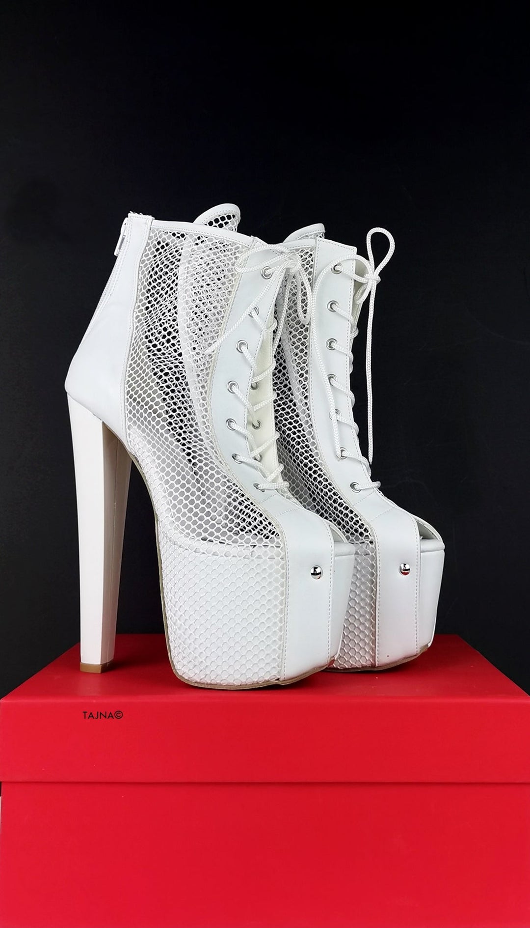 White Fishnet Lace Up Booties - Tajna Club