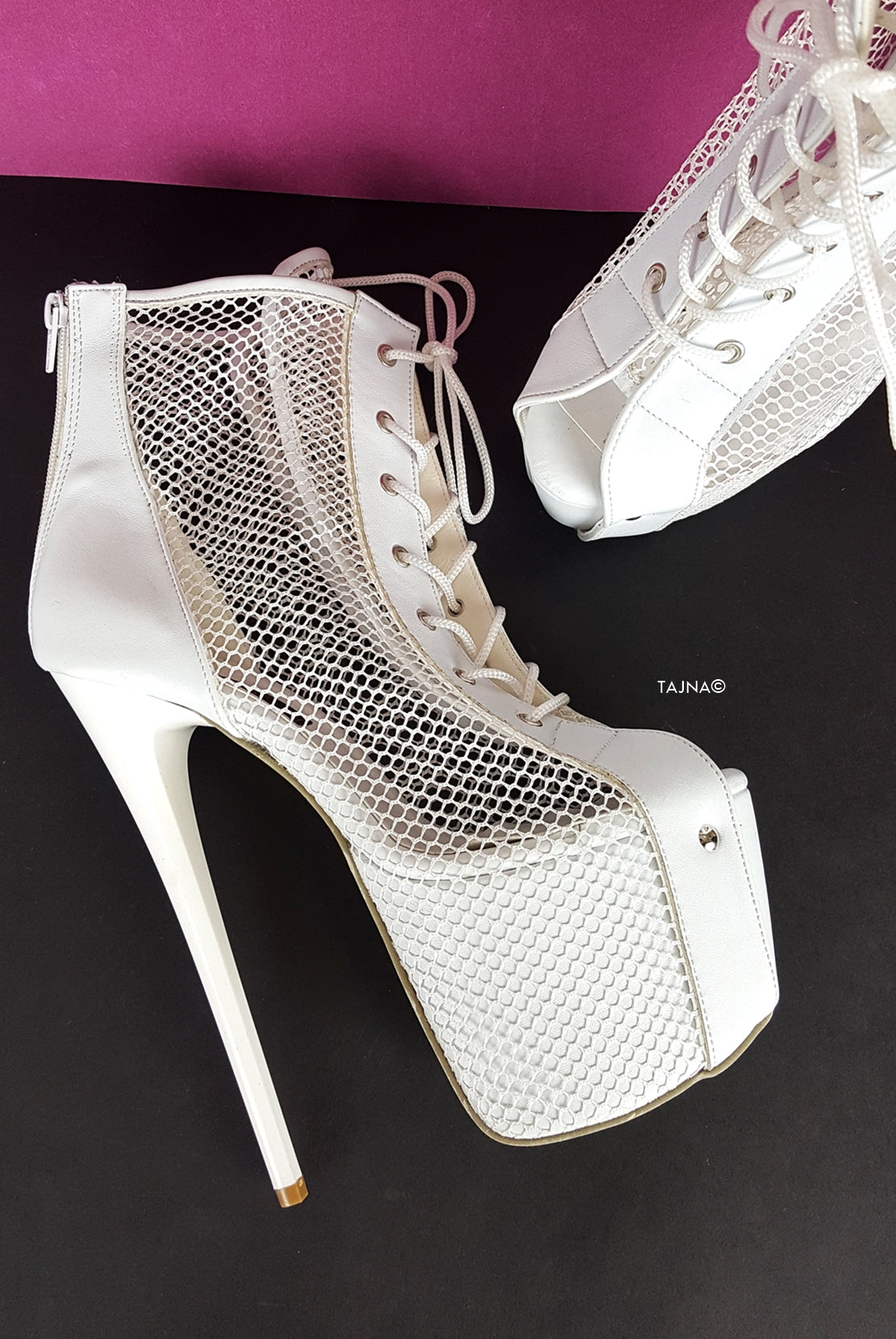 White Lace Up Fishnet Ankle Heels - Tajna Club