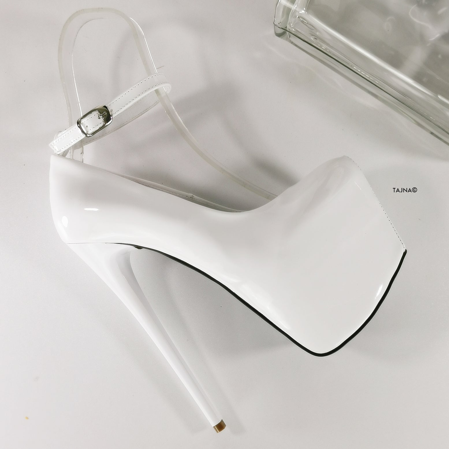 White Gloss Patent Ankle Strap Pencil Heels - Tajna Club