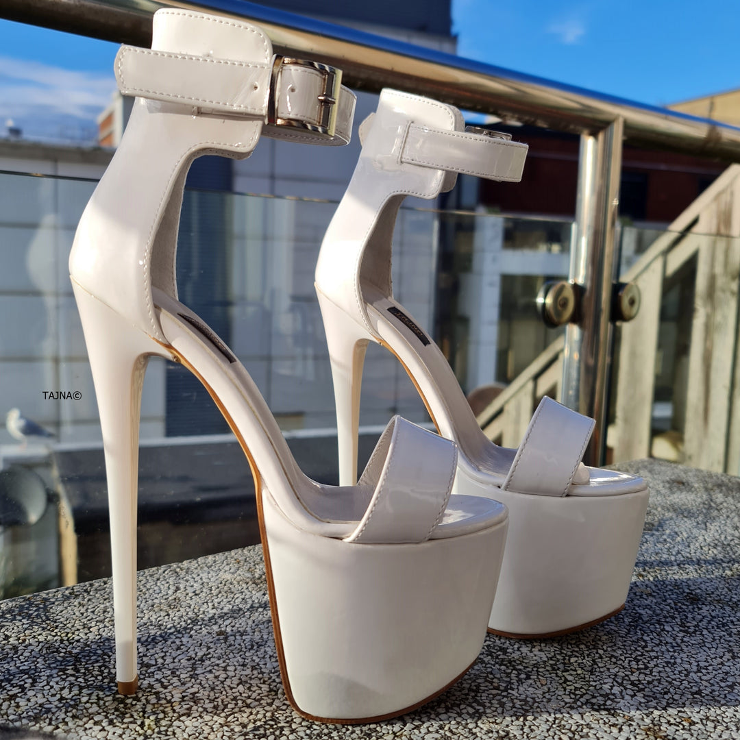 White Gloss Ankle Belted Strap High Heel Sandals