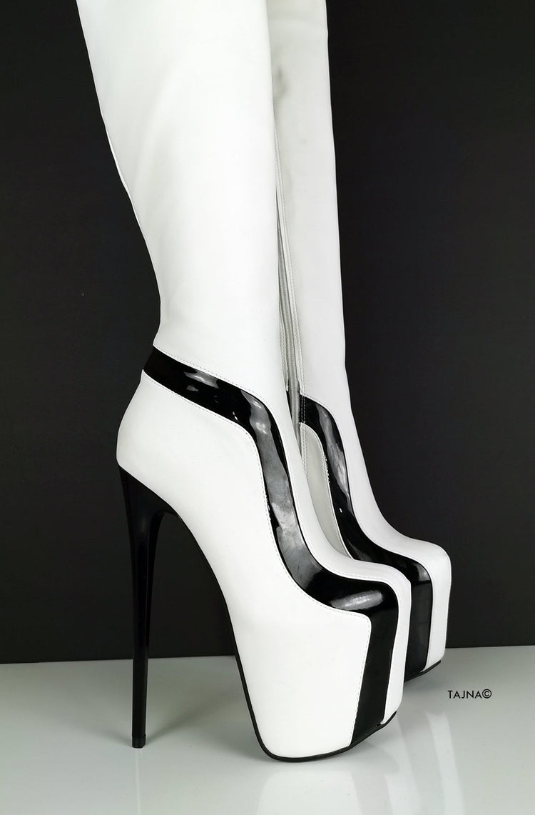 White Black Detail Knee High Boots - Tajna Club
