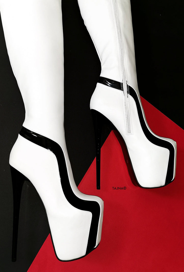 White Black Detail Knee High Boots - Tajna Club