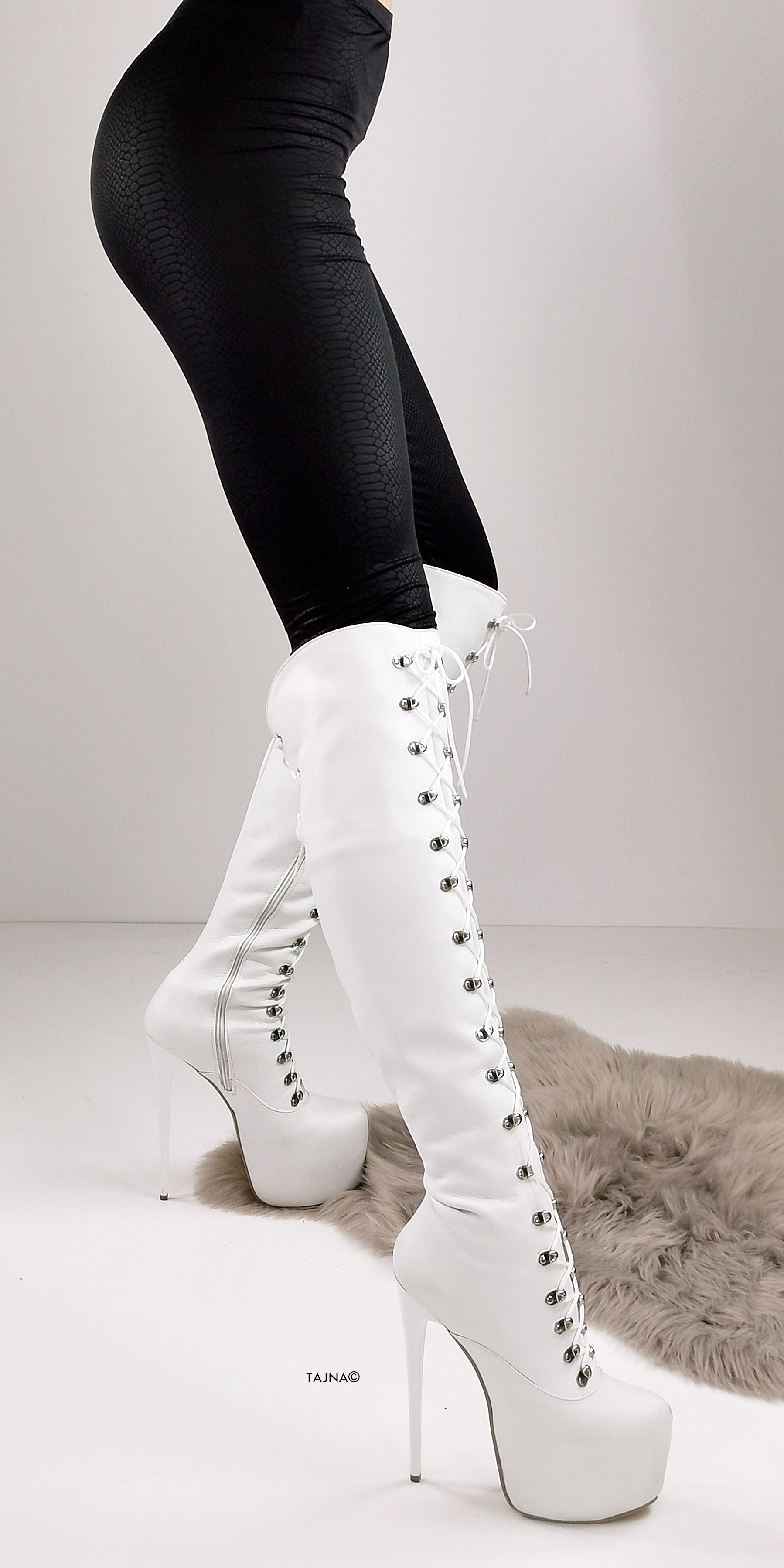 White lace up thigh high cheap boots