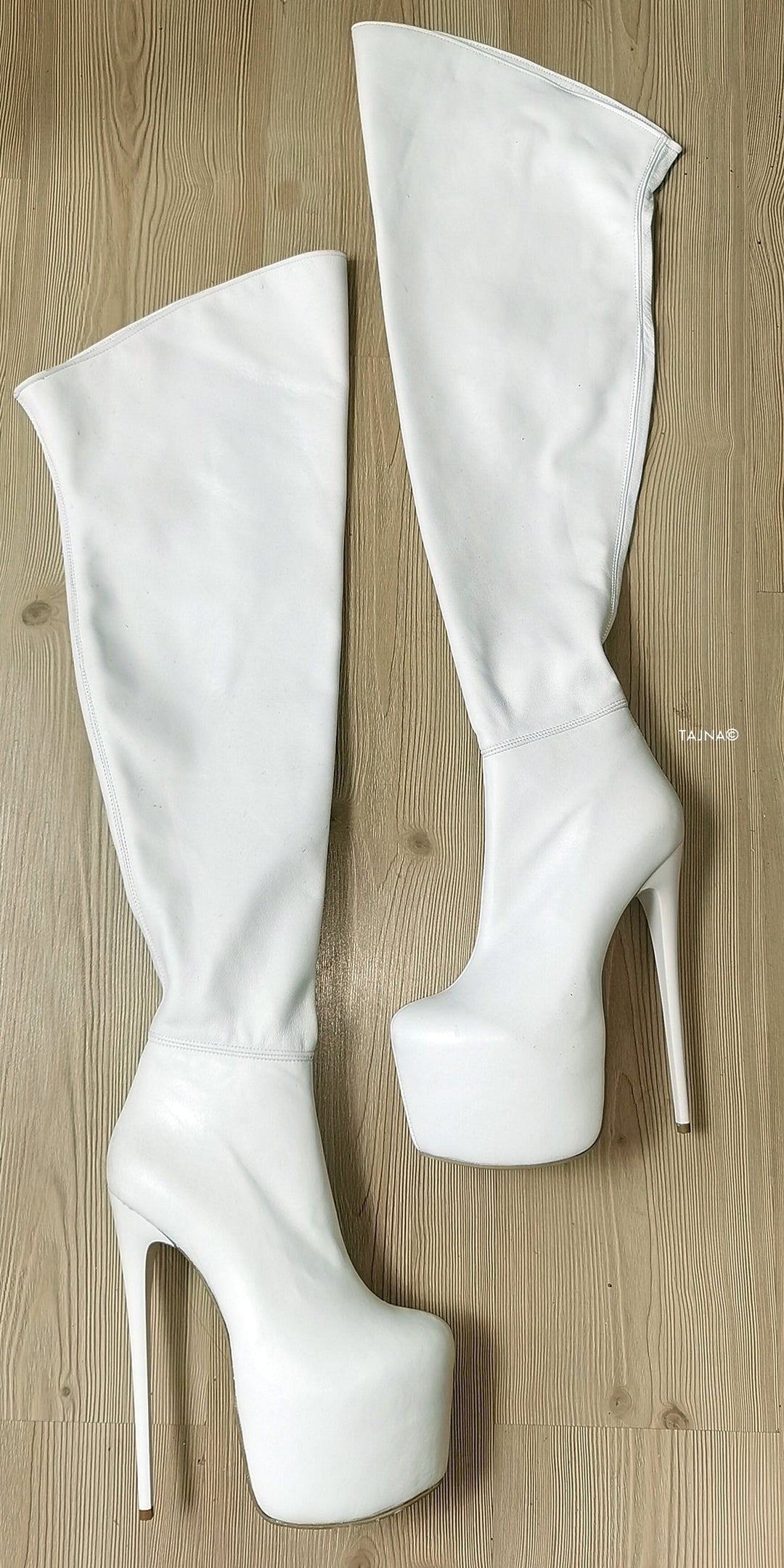 Genuine Leather White Thigh High Boots - Tajna Club
