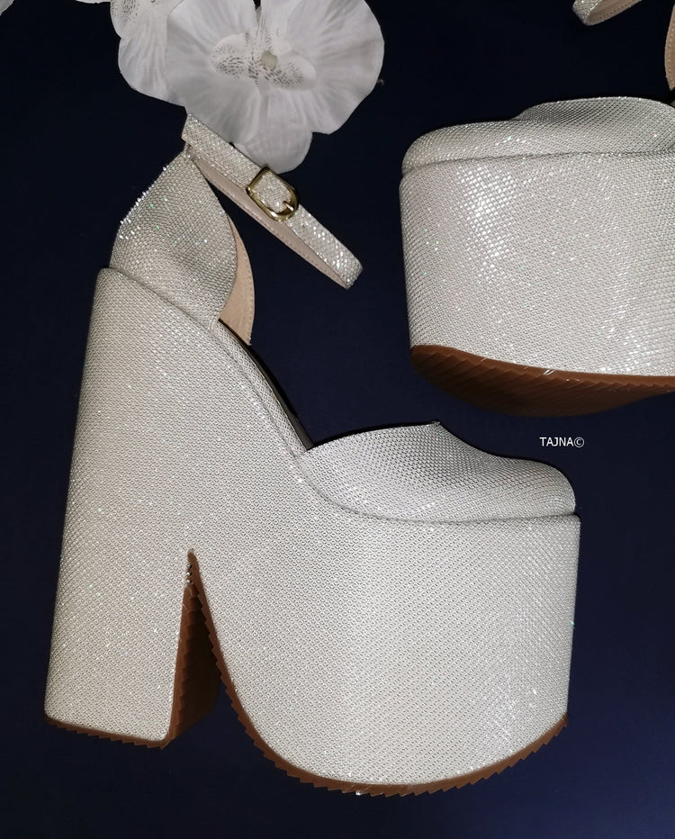 White Shimmer Ankle Wedge Platform Shoes - Tajna Club