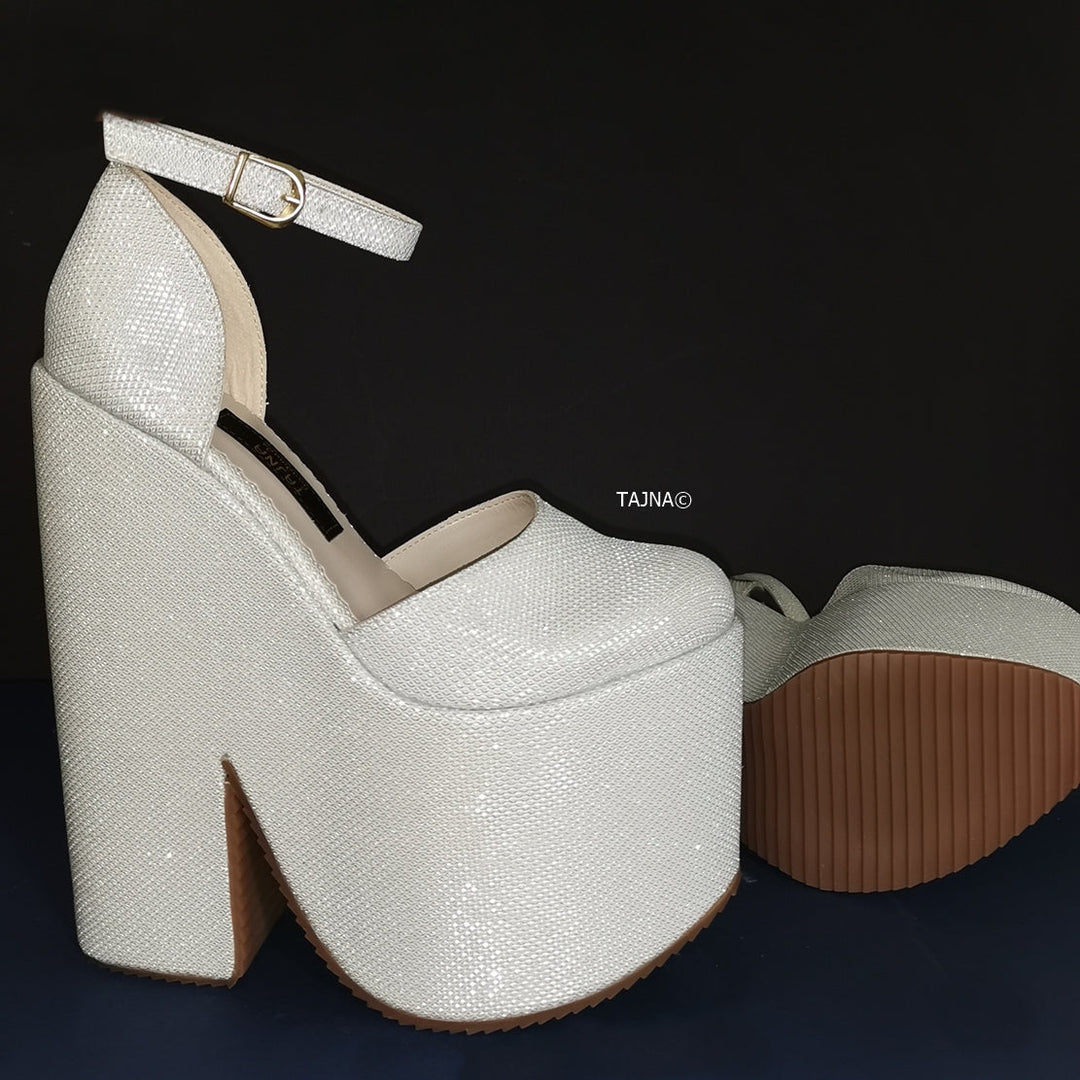 White Shimmer Ankle Wedge Platform Shoes - Tajna Club