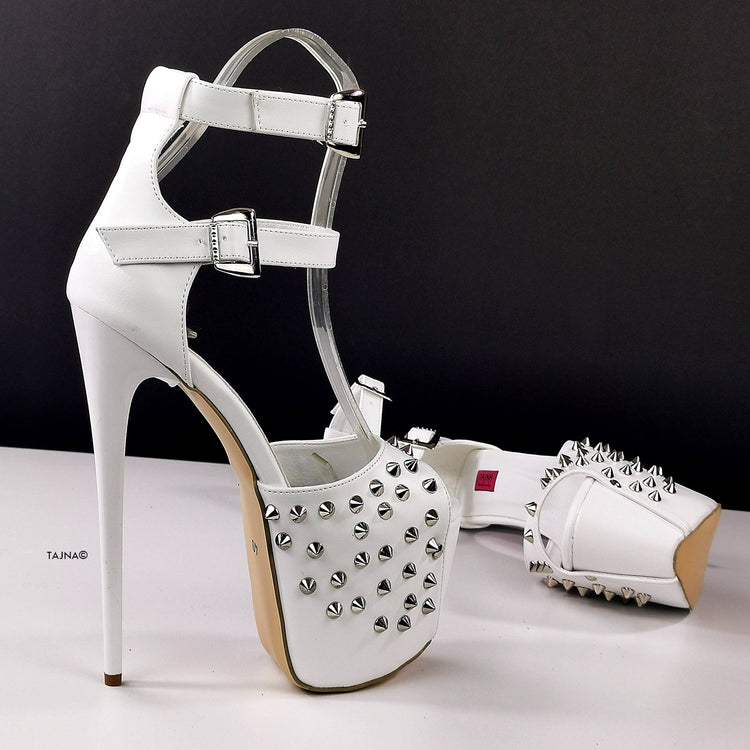 Spike Studded White Double Belted Heels - Tajna Club