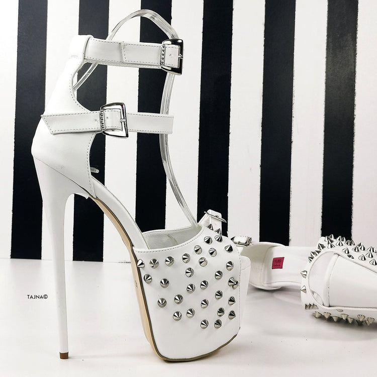 Spike Studded White Double Belted Heels - Tajna Club