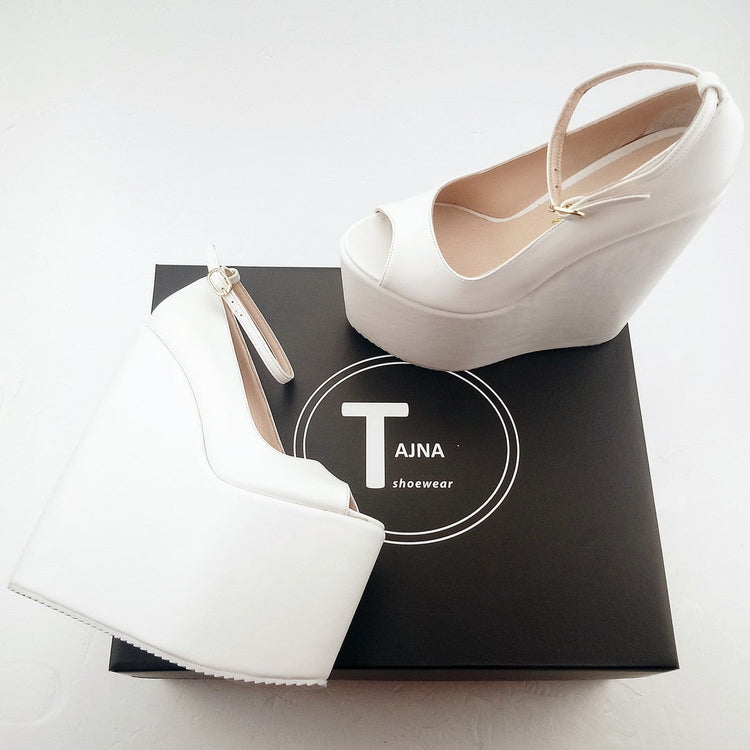 White Peep Toe Super High Heel Wedding Wedge Shoes - Tajna Club