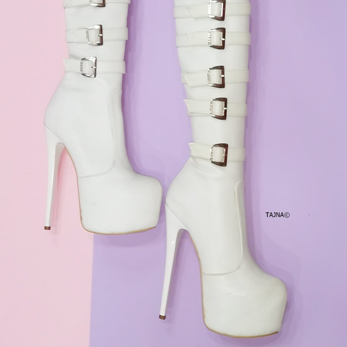 White Belted Platform Knee High Boots - Tajna Club